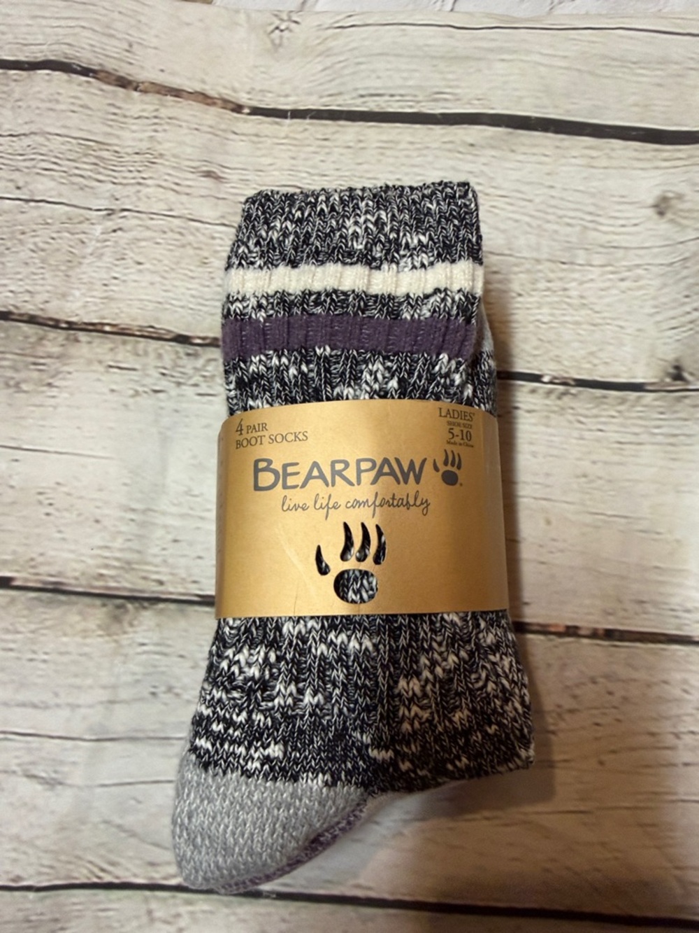 BearPaw Gray Marled Boot Socks with Purple Stripe